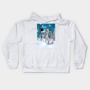 In the winter landscape, the snowman with ice fairy Kids Hoodie